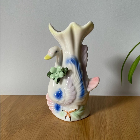 Other - Mid-century Porcelain Swan Bud Vase with Pastel Accents